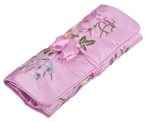 KYEYGWO Chinese Embroidery Travel Jewellery Roll, Pink