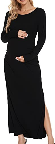 Smallshow Women's Split Maternity Dress Long Sleeve Ruched Pregnancy Clothes Medium Black