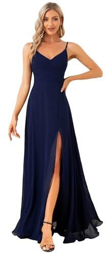 Ever-Pretty Robe Demoiselle d'honneur Femme Fendue Col V Mousseline à Bretelles A Line Chic Soirée Bleu Marine 38