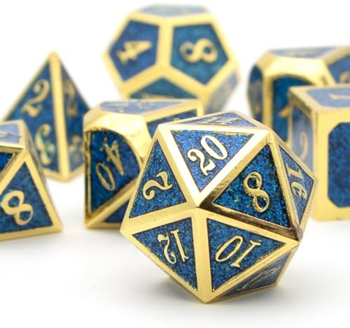 D&D Würfel Set 7 Stück Polyedrische Würfel,HNCCESG 15MM DND Wuerfel Set Metall für Dungeon und Dragons Würfelset RPG MTG and Tabletop Games or Gifts Spielwürfel （Gold Gunflint Blau ）