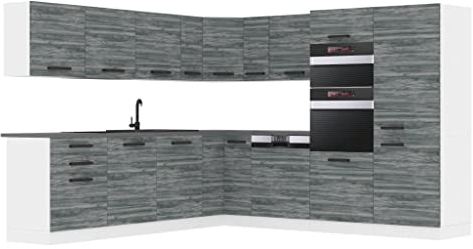 Belini Küchenzeile Küchenblock Küche L-Form Jane Küchenmöbel mit Griffe, Einbauküche ohne Elektrogeräten mit Hängeschränke und Unterschränke, mit Arbeitsplatten, Glamour Wood