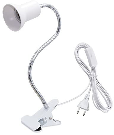 LAKONEI E27 Portalámpara de Lampara de Metálica de Cerámica de Metal con Pinza, Portalámpara de Lámpara Clip de Escritorio Cuello de Cisne Flexible de 40 CM, Lampara Clip con Interruptor y EU Enchufe