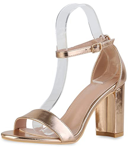 VAN HILL Damen Klassische Sandaletten Blockabsatz Schuhe Basic Absatzschuhe Elegante Leder-Optik Freizeitsandaletten 210801 Rose Gold Basic 41