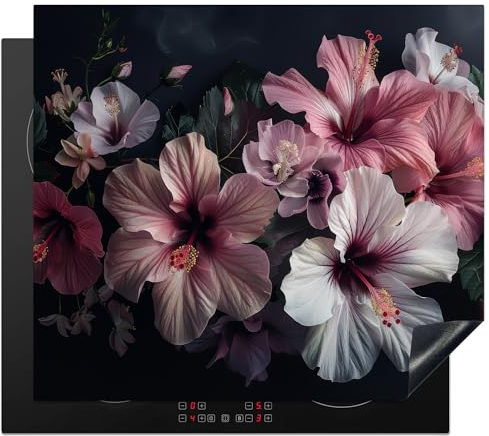KitchenYeah© Herdabdeckplatte Einteilig Abdeckplatten Cerankochfeld Abdeckung Ceranfeld Herdplattenabdeckung Induktionsmatte Hibiskus - Blumen - Rosa - Blatt - Stilleben - Natur - 60x52 cm