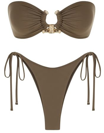 ZAFUL Metal Ring Bandeau Bikini Set mit Bindebändern, Hochgeschnittenes 2-Teiliges Badeanzug-Set, Cutout-Schwimmbekleidung, Medium