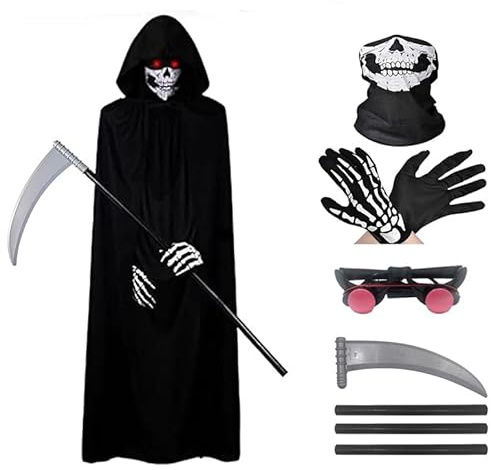 ELINA Costume Cape de Cosplay de Carnaval d'Halloween de Faucheuse-avec Faux de la Mort,Gants Squelette,des Lunettes Lumineuses et un Masque Squelette Petit (130 cm à 145 cm)