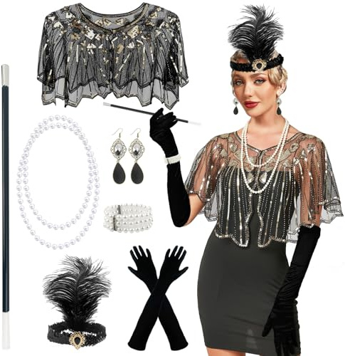 GOTRUST 7PCS Accessori Anni 20 Donna, Great Gatsby Kostymuppsättning, Charleston Accessoarer för Kvinnor Svarta, Vintage 1920 Accessoarer för Halloween, Jul, Karneval