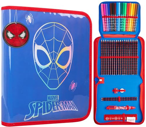 Marvel Spiderman Astuccio Bambino con Materiale Scolastico Set Cancelleria Astucci Scuola Matite Colorate Punta in Feltro Penna Regalo Ragazzo (Blu)