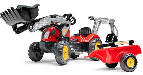 FALK Farm Lander - Tractoexcavadora de Pedales con Excavadora y Remolque, Color Rojo - Fabricado en Francia - Pala Frontal y Excavadora articulada - a Partir de 2 años - 2058N