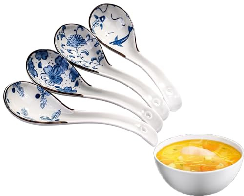 Latrt 4 stycken asiatiska soppskedar, unika mönster ramar sked keramik sked, långt handtag sked set för dumplings, risnudlar, Wonton, nudlar och soppor