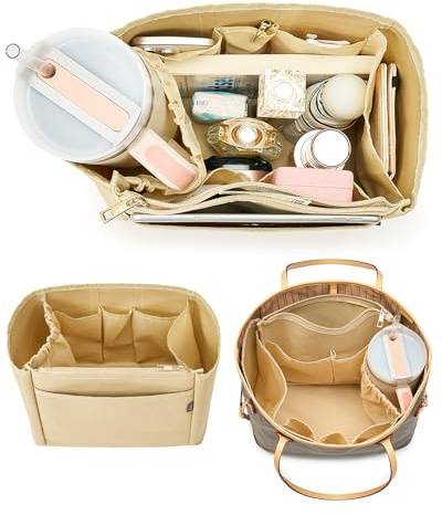 Tote Bag Organizer Insert with Stanley Cup Holder and Zipper Bag, Compatible with Neverfull, Saint Louis and More, 9 Pockets (Beige, Large)