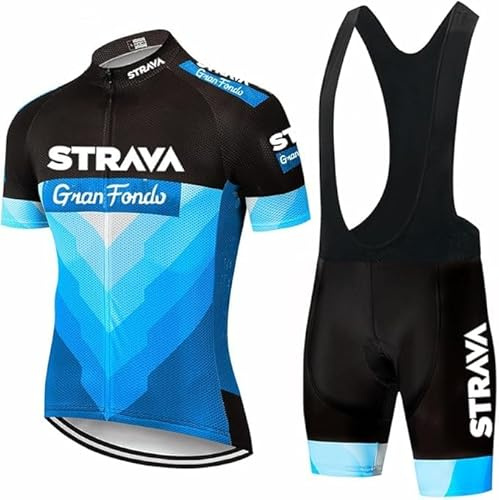 Maillot Cyclisme Homme Bleu Manches Courtes + Cuissard à Bretelles 5D Gel, Respirant et Confortable – Ensemble Tee-Shirt & Short Vélo pour Route ou VTT (L)