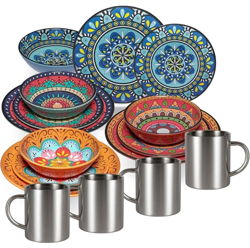 Toscane Service de table en mélamine pour 4 personnes – 12 pièces – Multicolore – Avec tasses thermiques en acier inoxydable – Aspect mandala – Passe au lave-vaisselle – Vaisselle de camping