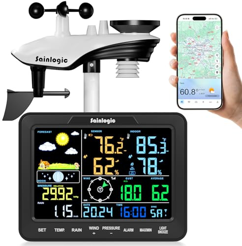 Sainlogic Stazione Meteorologica Intelligente WiFi Senza Fili, Previsione Meteo IA 24/7 Weatherseed®, Allarme App/Email, Anemometro e Pluviometro Digitale, Archivio Dati di 2 Anni