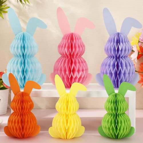 Whaline 6 Pcs 3D Easter Bunny Honeycomb Table Centerpiece Pastel Rabbit Paper Honeycomb Ball Ornament for Spring Birthday Party Supplies