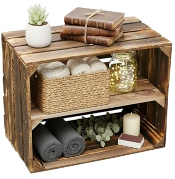 Teramico Cajas de frutas antiguas flameadas/cajas de madera 50 x 40 x 30 cm con estante intermedio de larga duración, ideal para la construcción de muebles