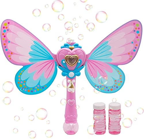 Kidloop Magic Bubble Wand Blower, Musical Light Up Butterfly Fairy Stick Bubbles Marker Toy for Kids, Party Wedding Outdoor Activity Bubble Machine with 2 Bottle Bubbles Refill (Pink)