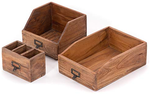 DESIGN DELIGHTS Schreibtisch Organizer Set Office | 3-teilig, Mahagoni-Holz l | rustikale Stiftehalter, Dokumentenablage, Büro Aufbewahrungskisten | Farbe: 01 Natur-Vintage