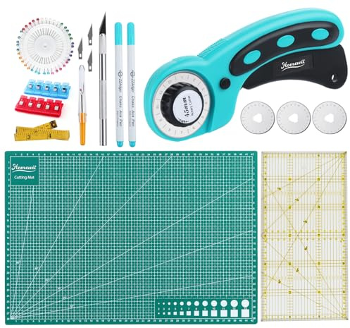 Homewit Roller Cutter for Fabric - A3 Cutting Mat, Fabric Cutter Set with 3 Spare Blades, Quilting Ruler, Sewing Clips & Pins, Handle Rolling Cutter for Quilting Craft, Fabric, Leather, Cloth
