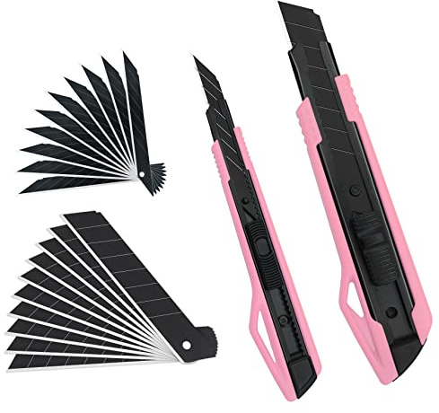 MANUFORE 2 Pack Pink Snap-off Utility Knife 9mm 30 Degree Knife and 18mm Knife Set with 20pcs Black Blades for Cutting Paper, cardboard