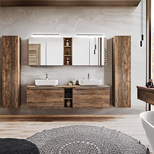 Lomadox Badezimmerrmöbel Set Vintage Oak Eiche, 180cm Doppel Waschtischunterschrank, 2 Keramik Waschbecken, Regale, 2 LED-Spiegelschränke, 2 Hochschränke
