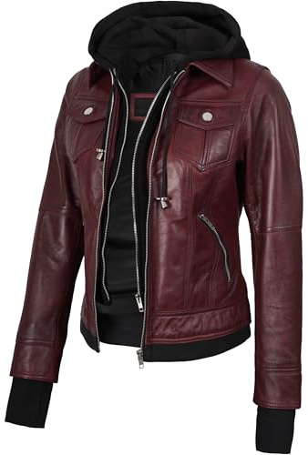 fjackets Chaqueta bomber de cuero con capucha para mujer, chaqueta de piel de cordero real con capucha extraíble, Tralee - Chaqueta de piel granate con capucha, Large