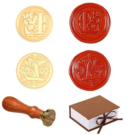 Comealltime 2 stycken retro alfabet sigillvaxstämplar, A~Z initialer vaxstämplar med trähandtag, vintage 26 bokstäver 25 mm avtagbart mässingshuvud för invitations kort gift wrapping Decor(Letter L)