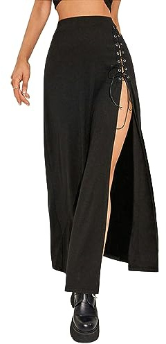 YHANNI Gonna Lunga Donna Estate Gonna A Coscia Divisa da Donna A Vita Alta con Lacci sul Davanti Gonna A Fessura Gonna Lunga Max Gonne Nere High Street-Black-L