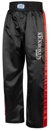 BAY Edel Stick Kickboxhose Kampfsporthose Schwarz lang Streifen in Rot seitlich Polyester gestickter Schriftzug Erwachsene Damen Herren Kinder Jungen Mädchen Größe L (180)