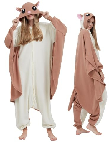 NAVARCH Flughörnchen Kostüm Damen Herren Onesie Plüsch Tierkostüm Erwachsene Ganzkörper Schlafanzug Karneval Jumpsuit Cosplay Fasching Halloween Pyjamas