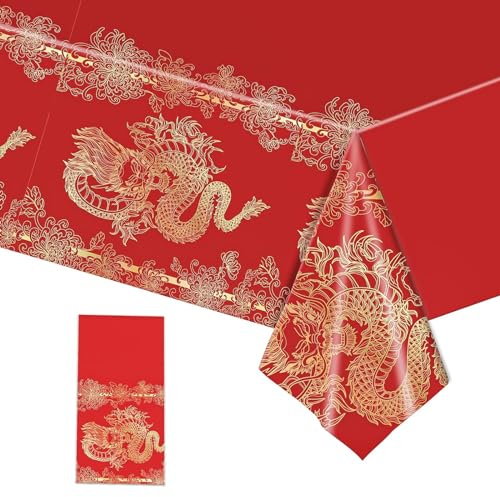 Nouvel an Chinois Nappe, Rouge Oriental Festival Lunaire, Dragon Linge de Table Rectangulaire pour Salle à Manger Décor de Cuisine, 137 cm x 274 cm Table Rectangulaires en Plastique à Thème Asiatique
