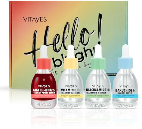 Vitayes Beauty Box mit 4x Serum für Haut und Gesicht: AHA+BHA, Niacinamide, Bakuchiol & Vitamin-C Serum mit Panthenol - Komplette Hautpflege