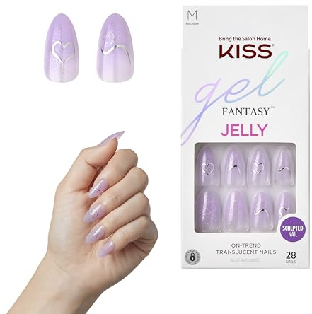 KISS Gel Fantasy – One Day Jelly Light Purple Medium Amande – Colle à ongles incluse – 28 ongles – Colle 2G – 1 bâton de manucure – 1 mini lime