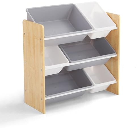 Kidoz Wooden Toy Organiser, 3 Shelf Toy Storage with 6 Removable Plastic Bins (Natural Wood, 3 Shelf)