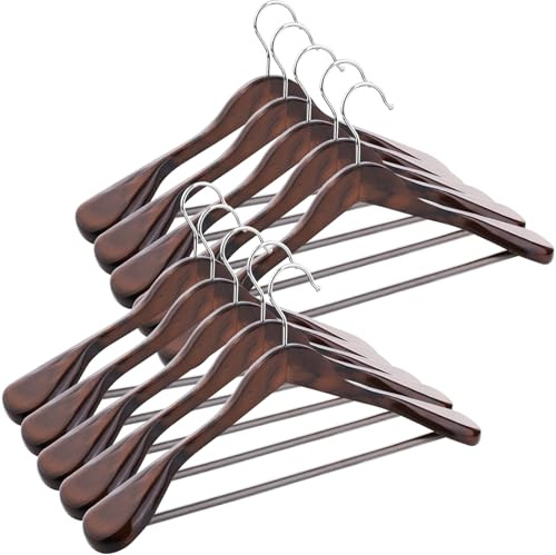 ABHENG Perchero de Madera, Conjunto de 10 Perchas de Trajes, Gancho Giratorio de 360°, para Chaquetas, Camisas, Trajes, Abrigos, 44 x 5,5 x 23 cm (L x B x H), Nogal Oscuro AWY0410H
