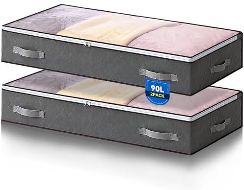 Boic 2 Stück 90L Unterbettkommode, Unterbett Aufbewahrungsbox mit deckel, Faltbare Kleidung Aufbewahrung Aufbewahrungstasche für Bettdecken Kleidung Unterbett Kleiderschrank, Grau