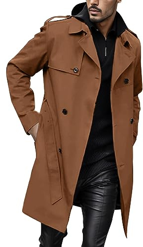 Duohropke Trench à double boutonnage pour homme - Longueur moyenne - Manteau classique avec ceinture à revers - Manteau long - Veste d'affaires - Printemps automne - Veste mi-saison, marron, L