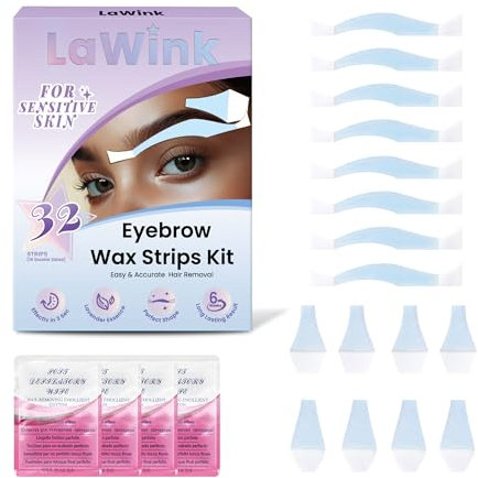LaWink Eyebrow Wax Strips Kit - 32 Facial Strips for Hair Removal With 4 Calming Oil Wipes - Eyebrow Waxing strips Mouth Waxing Depilatory Tape for Sensitive Eyebrows