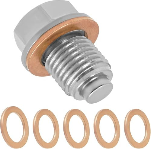Magnetische Ölablassschraube, M14 x 1,5 Ölkartenscheibe aus Edelstahl, Ölablassschraube mit 5 Kupferscheiben, Ersatz für die meisten Autos, Boote, Motorräder