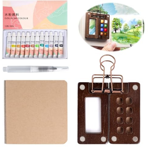 Mini Kit Acuarelas para Llevar de Viaje con Clips de Encuadernación Pinceles de Acuarela y Cuaderno de Acuarela para Pintores Artistas Estudiantes