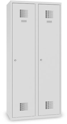 Steinbock Spind bodenstehend | 2 Abteile mit Mitteltrennwand | HxBxT 180 x 80 x 50 cm | abschließbar | Zylinderschloss | Lichtgrau | Metallspind inkl. Hutablage, Kleiderstange, Namensschild