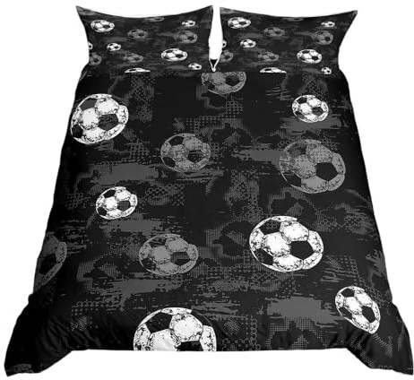 Homewish Football Single Bedding Sets 2 Pieces, Ball Sports Game Kids Duvet Cover Set for Boys Girls Teens, Black White Grey Microfibre Quilt Cover, Abstract Grunge Style Bed Set, Black Reversible