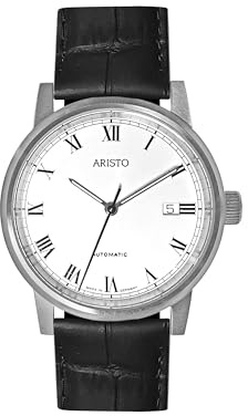 Aristo 7H169-L – automatiskt herrarmbandsur – svart läderarmband – satinerat fodral i rostfritt stål med en Ø 38,5 mm – urtavla romersk med front av safirglas – Made in Germany