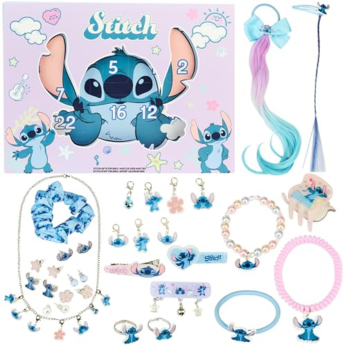 Get Trend Disney Stitch Calendario de Adviento 2025 Accesorios Pelo Niña y Joyería, Coleteros, Pinzas, Horquillas, Joyas y Más, Regalos Originales (Lilac Stitch)