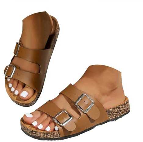 Xbemkste Ciabatte da donna piatte con plantare in sughero, comodi sandali con cinghie regolabili, pantofole estive, sandali leggeri da spiaggia