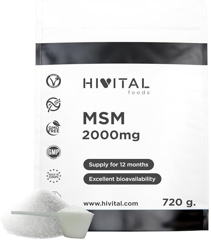MSM 2000 mg. Pack da 720 g. per 1 anno di trattamento. 100% Vegan Metilsulfonilmetano. Per la salute di articolazioni, cartilagini e ossa. Migliora la pelle, i capelli e le unghie. Prodotto da HIVITAL