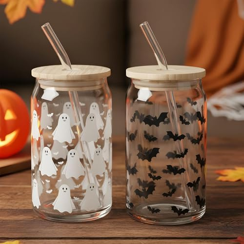 levandeo Uppsättning med 2 dricksglas 440 ml halloween glassugrör bambulock drickbägare spöke fladdermus