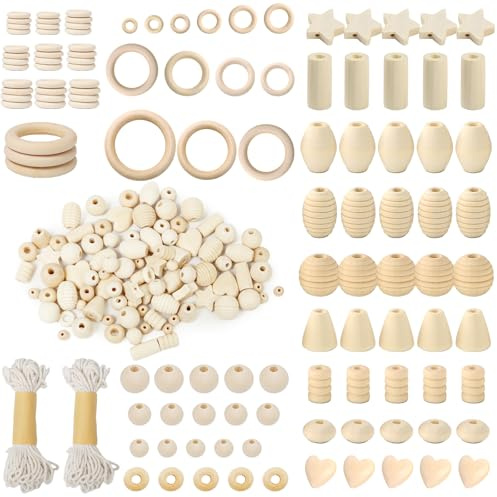 Keboyoe 147 piezas Cuentas de Madera Macramé Juego de Anillos y Bolas de Madera para Manualidades Incluye Cuentas Redondas Estrellas y Formas de Amor para Manualidades de Macramé