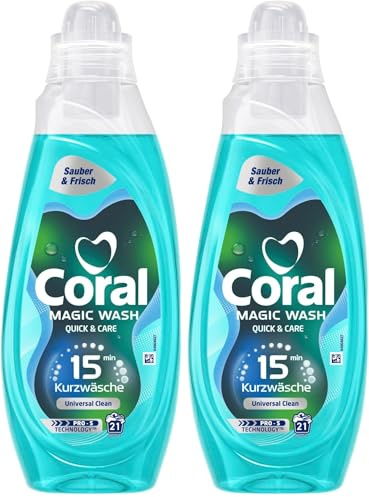 Coral Magic Wash Quick & Care Waschmittel Universal Clean Flüssigwaschmittel für 15 Minuten Kurzwäsche mit PRO-S Technologie 21 WL (Packung mit 2)