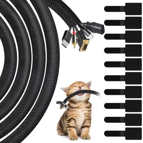 Fantasyon 1/2-10Ft Black Cable Tidy Sleeve with 10 PCS Reusable Cable Ties | Cable Sleeve for Computer Wire Tidy, Cord Protector from Pets Chewing, Self-Wrapping Wire Loom Tubing - Flame Retardant